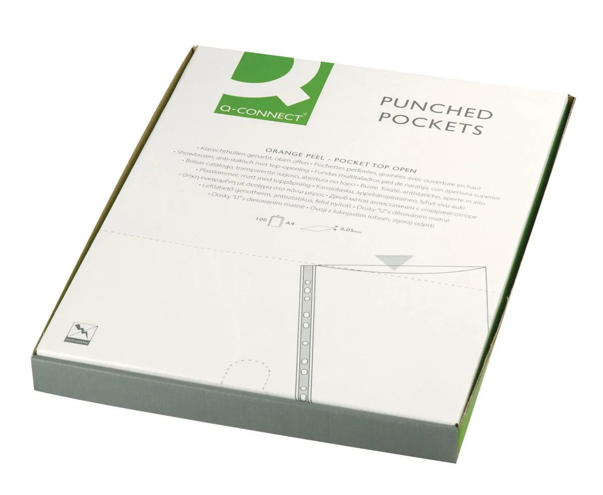 Q-Connect - Fundas de plástico perforadas (tamaño A4, 50 micras, 100 unidades), color transparente