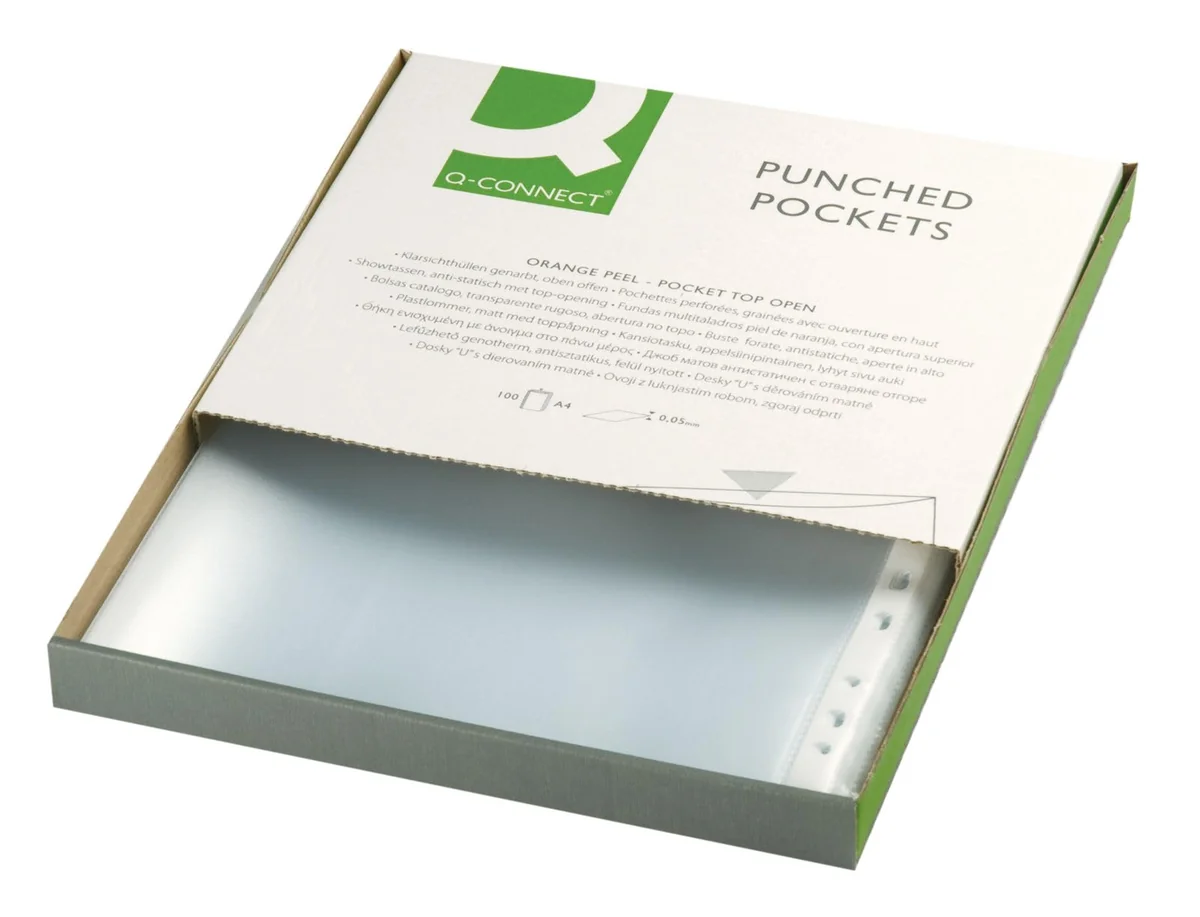 Q-Connect - Fundas de plástico perforadas (tamaño A4, 50 micras, 100 unidades), color transparente
