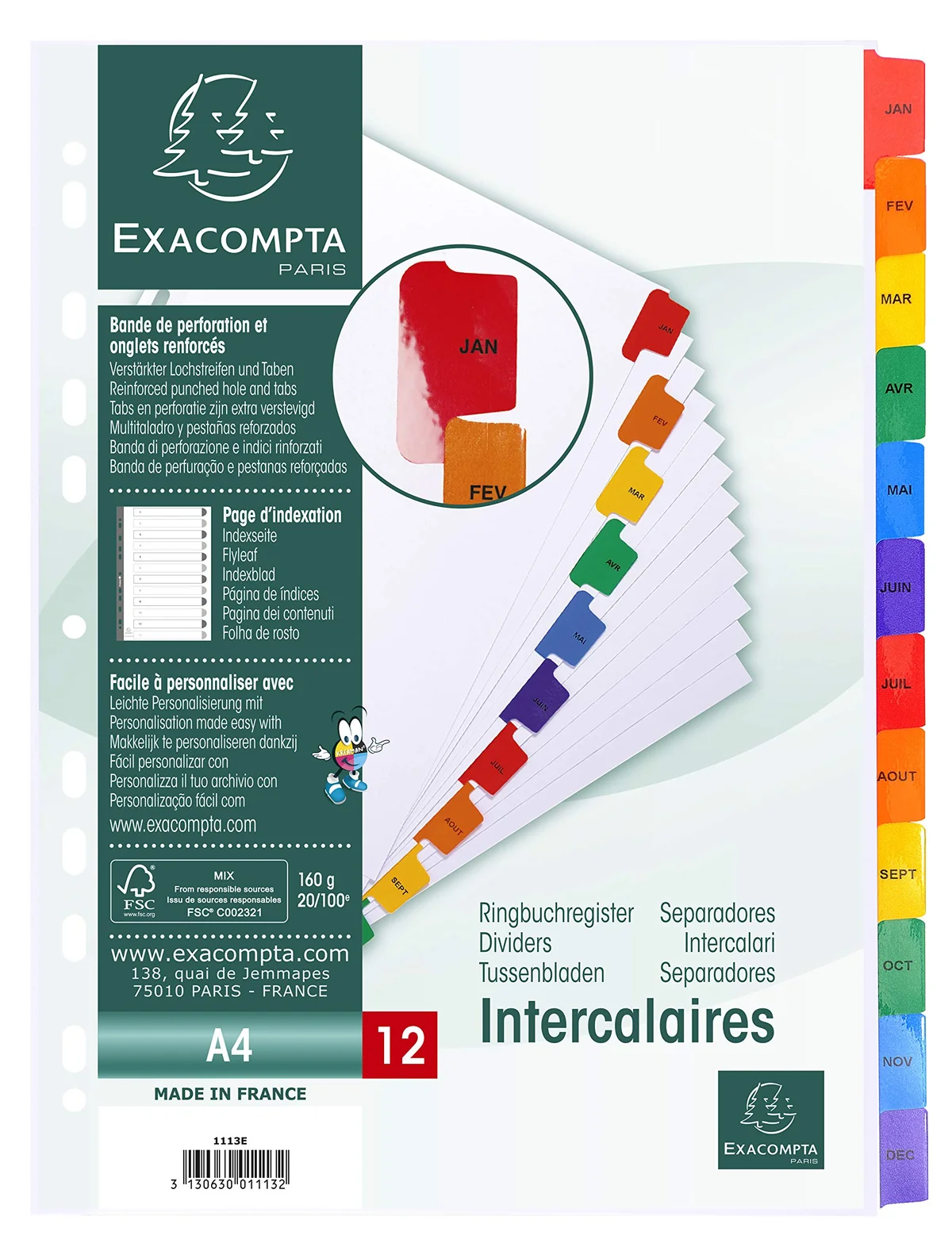 Exacompta - 1113E - Separadores en cartulina blanca 160g/m2 FSC® con 12 pestañas impresas mensualmente de enero a diciembre a color - Ficha imprimible - Formato a archivo A4