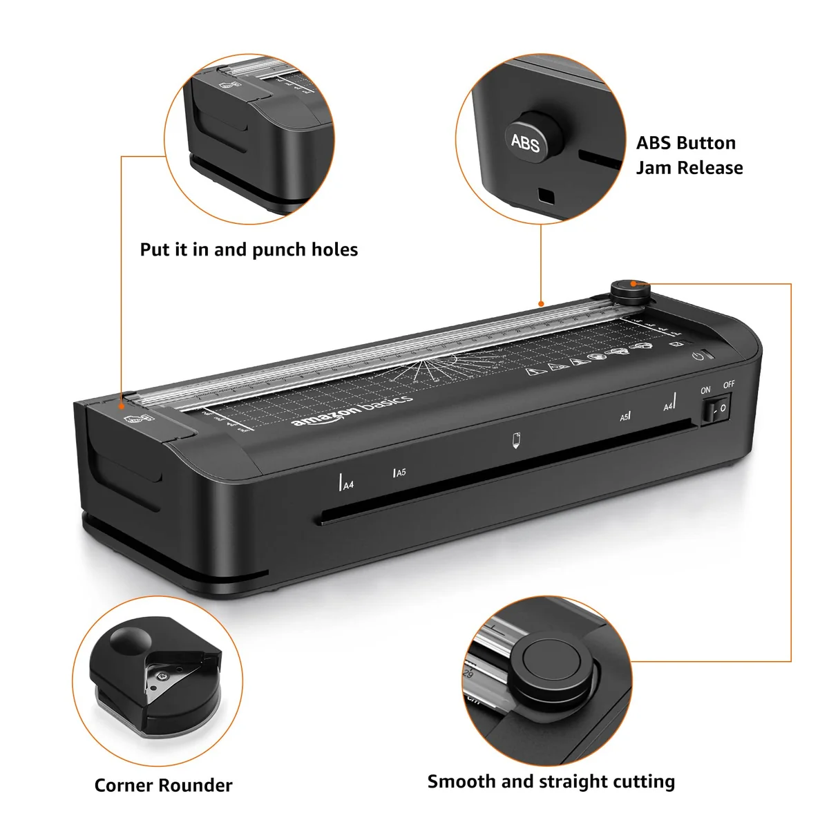 Amazon Basics Máquina de laminación térmica, 3 en 1, corta, perfora y redondea bordes, tamaño A4, 10 bolsas incluidas, enchufe de EU, Negro