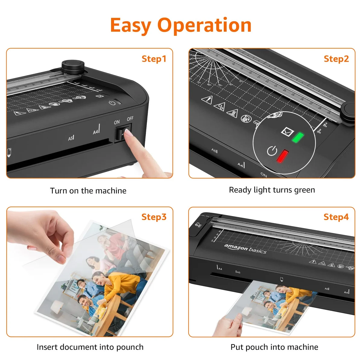 Amazon Basics Máquina de laminación térmica, 3 en 1, corta, perfora y redondea bordes, tamaño A4, 10 bolsas incluidas, enchufe de EU, Negro