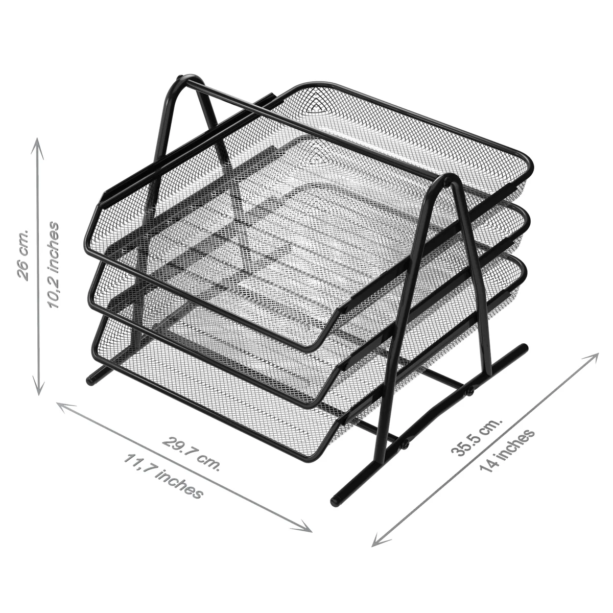 Detectalia Bandeja Organizador Documentos, 3 Niveles, Malla Metálica, Negro - Archivador y Clasificador Escritorio para Folios A4, Correo, Cartas y Carpetas, 35,5 x 29,7 x 26 cm