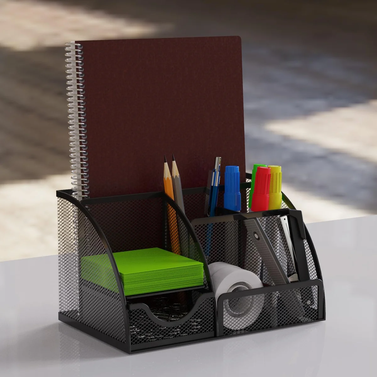 Detectalia Organizador de Escritorio y Portalápices con Cajón de Malla Metálica y 6 Compartimentos, Negro - Organizador Multiusos para Bolígrafos, Notas, Clips y Grapadoras, para Oficina y Hogar