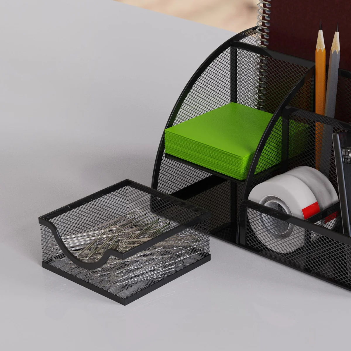 Detectalia Organizador de Escritorio y Portalápices con Cajón de Malla Metálica y 6 Compartimentos, Negro - Organizador Multiusos para Bolígrafos, Notas, Clips y Grapadoras, para Oficina y Hogar