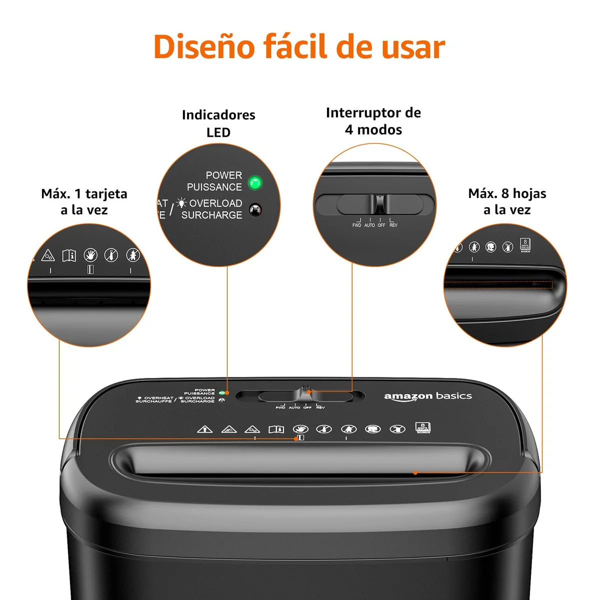 Amazon Basics Trituradora de Papel de Corte Cruzado, de 8 Hojas, con Ventana Transparente, para Documentos y Tarjetas de Crédito, Papelera de 14L, Color Negro