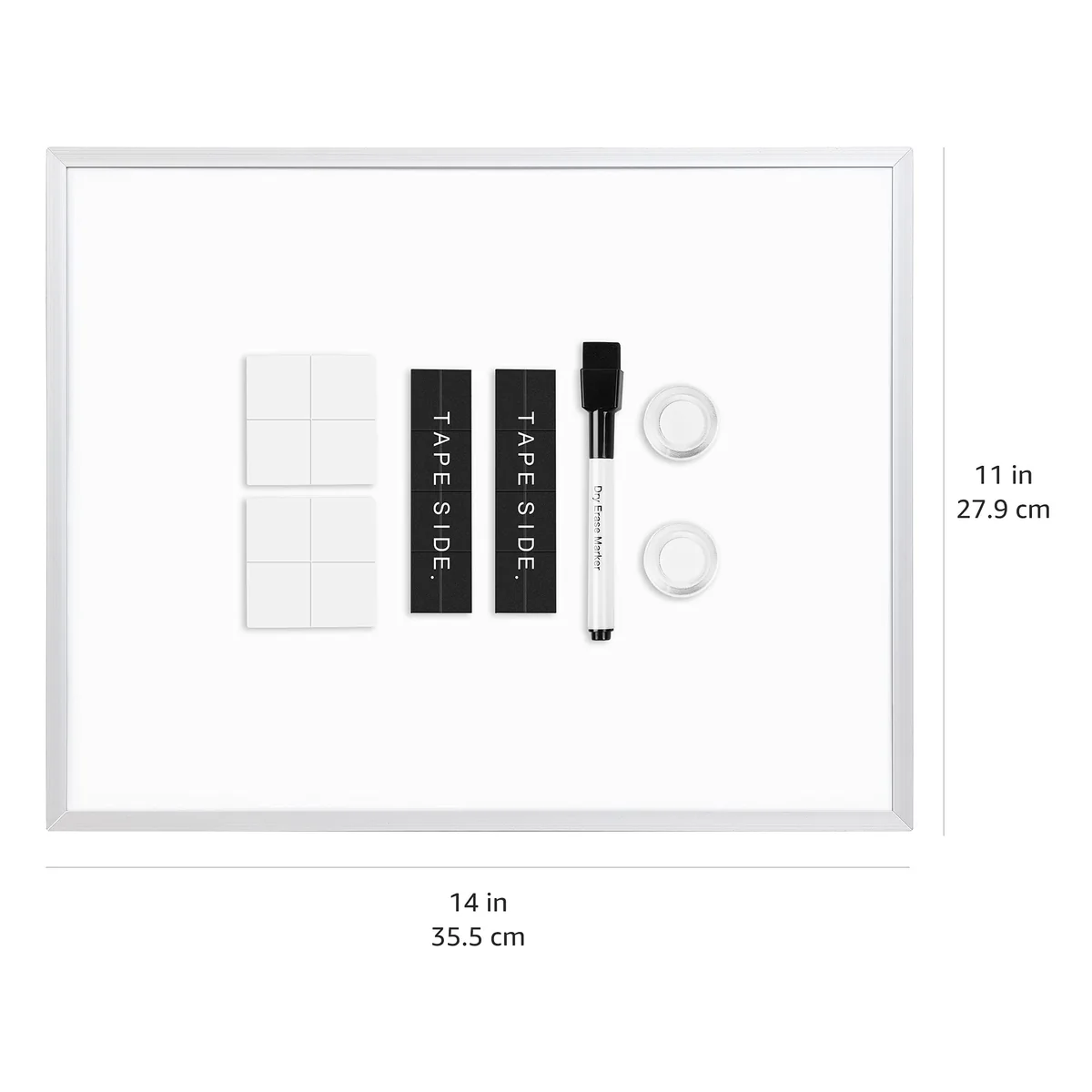 Amazon Basics pizarra magnética blanca de borrado en seco, marco de aluminio, tablón de anuncios magnético, montaje adhesivo de pared; para el hogar, la oficina y la escuela, 28 x 36cm