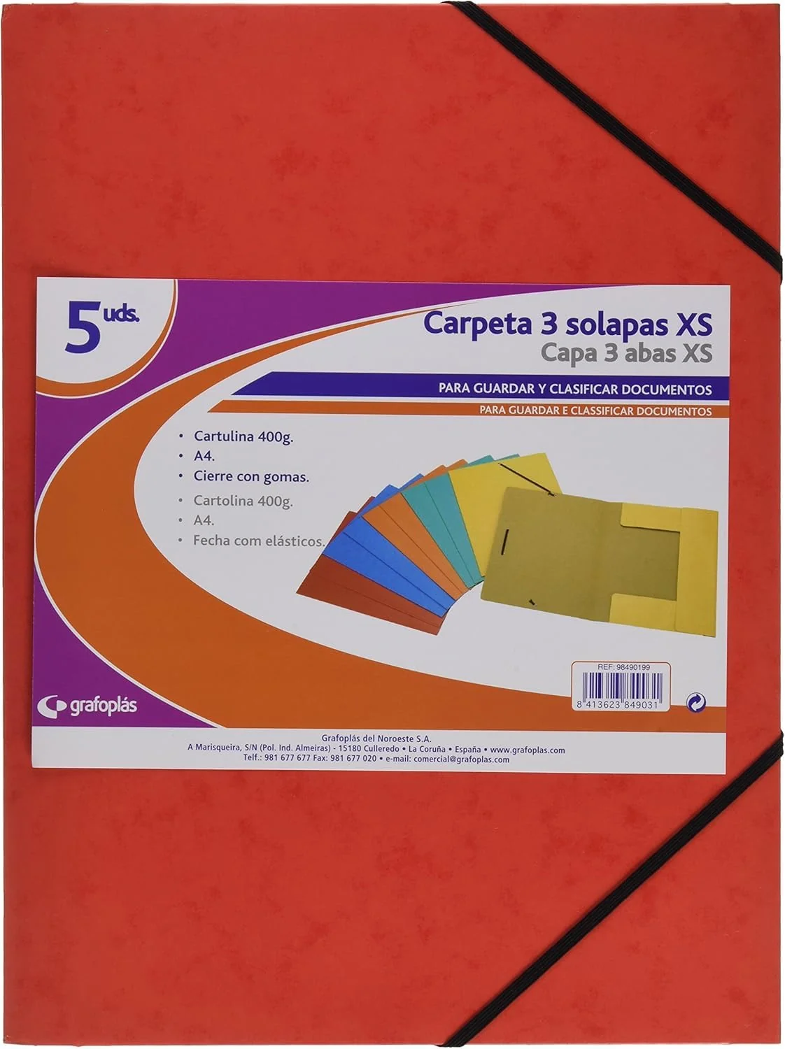 Grafoplas - Pack de 5 Carpetas de Cartón, A4 con Solapas y Cierre de Gomás Elásticas Cinco Colores Cartongraf XS, Colores Surtidos