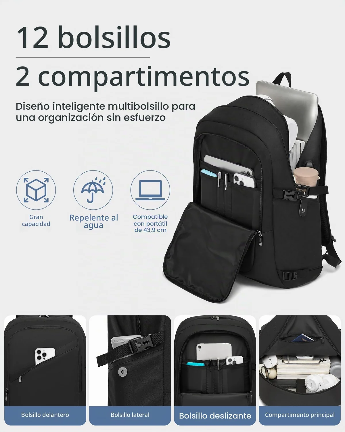 Kono Mochila Ordenador Portátil Hombre Mujer 17,3" Gran Capacidad, Negro