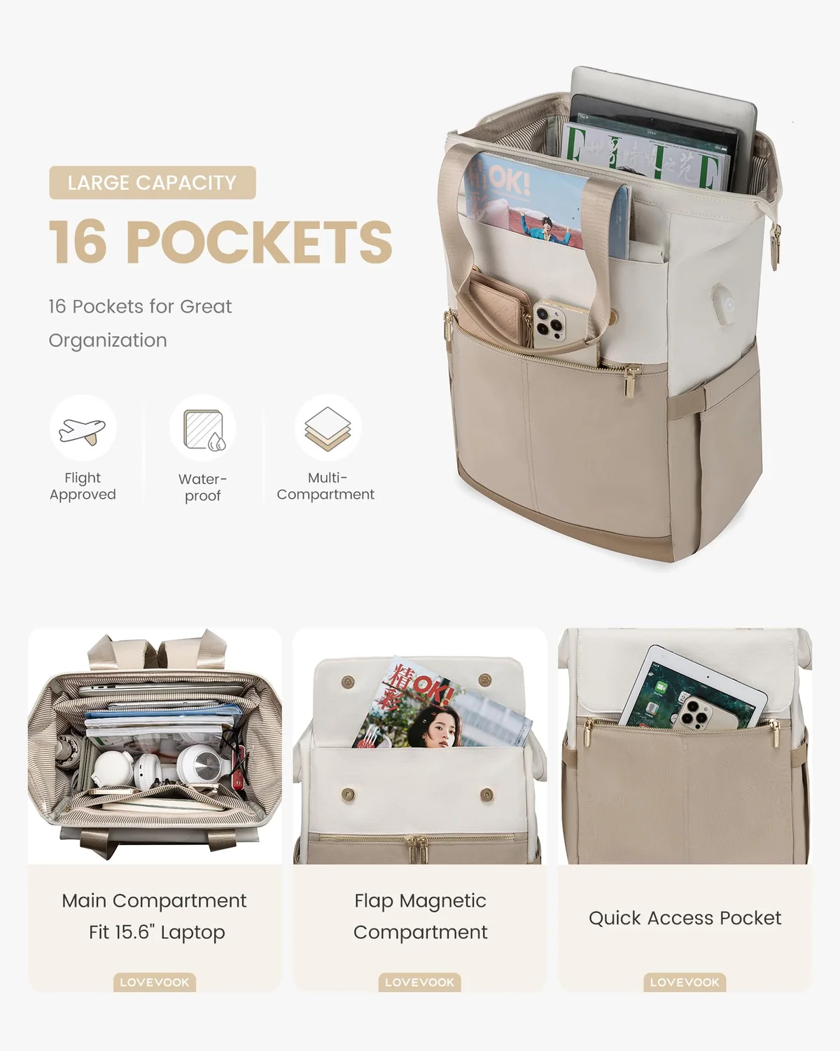 LOVEVOOK Mochila Portatil Mujer, 15.6 Pulgadas Impermeable Antirrobo Backpack, Mochilas para Ordenador Portátil con Carga USB para la Profesora Trabajo Viajes Universidad Colegio, Caqui Beige
