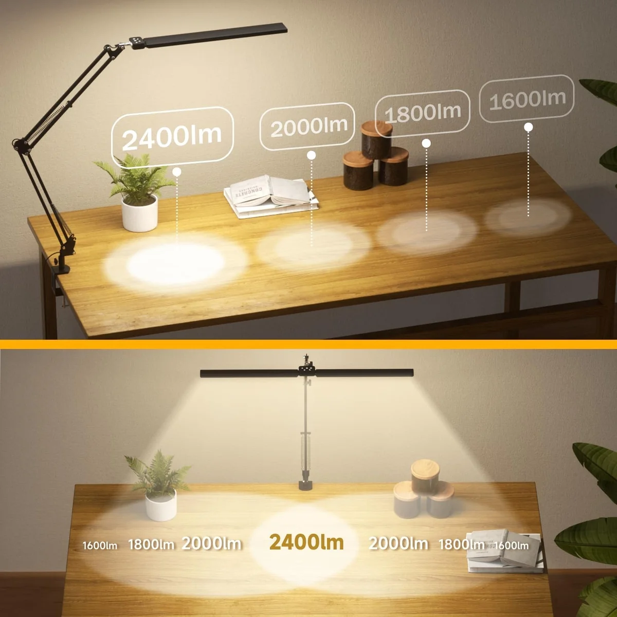 SKYLEO Lámpara LED Escritorio, Lámpara de Escritorio de Doble Cabezal con Clip, con Control Remoto, 2400 LM, 5 Modos de Temperatura de Color, Lámpara Escritorio Hogar, 24W, Negro