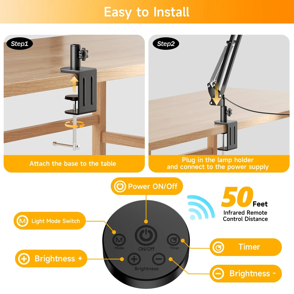 SKYLEO Lámpara LED Escritorio, Lámpara de Escritorio de Doble Cabezal con Clip, con Control Remoto, 2400 LM, 5 Modos de Temperatura de Color, Lámpara Escritorio Hogar, 24W, Negro
