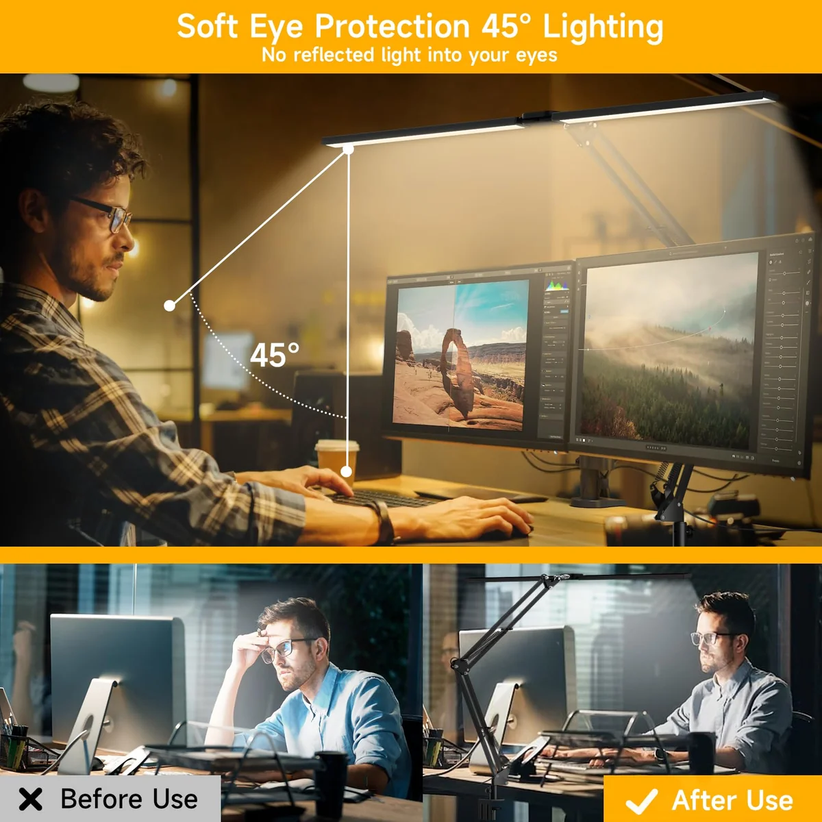 SKYLEO Lámpara LED Escritorio, Lámpara de Escritorio de Doble Cabezal con Clip, con Control Remoto, 2400 LM, 5 Modos de Temperatura de Color, Lámpara Escritorio Hogar, 24W, Negro