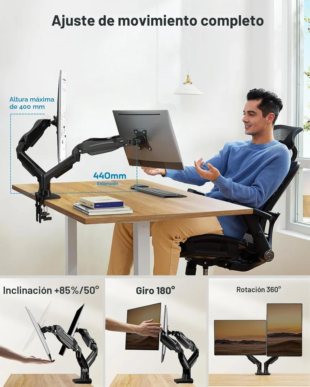 HUANUO Soporte Monitor Doble, Brazo Monitor de Escritorio para Pantallas de 13 a 32 Pulgadas, Ajuste de Altura con Inclinación, Giratorio, Rotar, VESA 75 & 100 mm, Carga Máxima 9kg