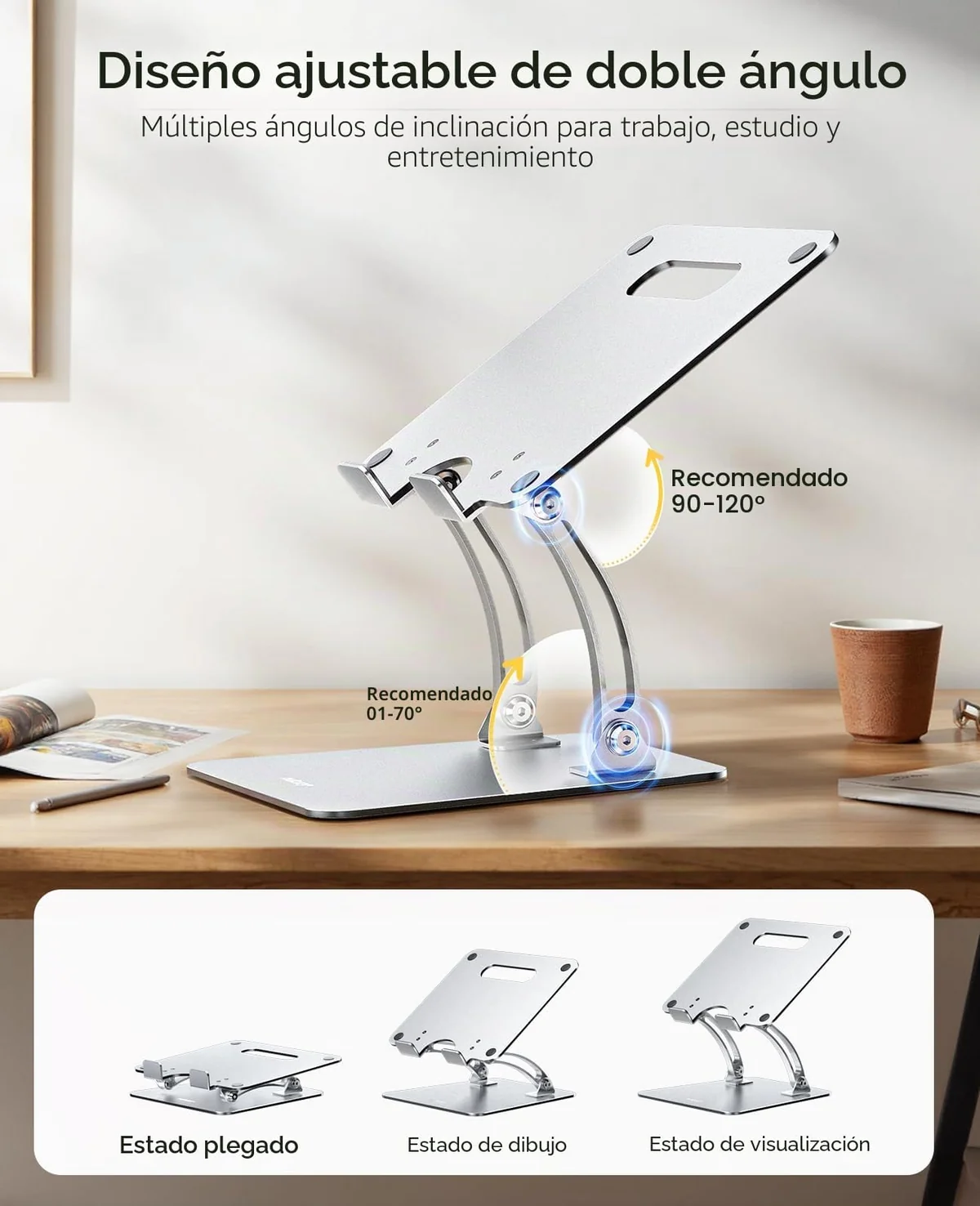 Nulaxy Soporte de portátil o notebook de 10 a 17 pulgadas, totalmente ajustable para escritorio, elevador, plegable, dual, aluminio, ventilación de calor, ergonómico, accesorio de oficina, color plata