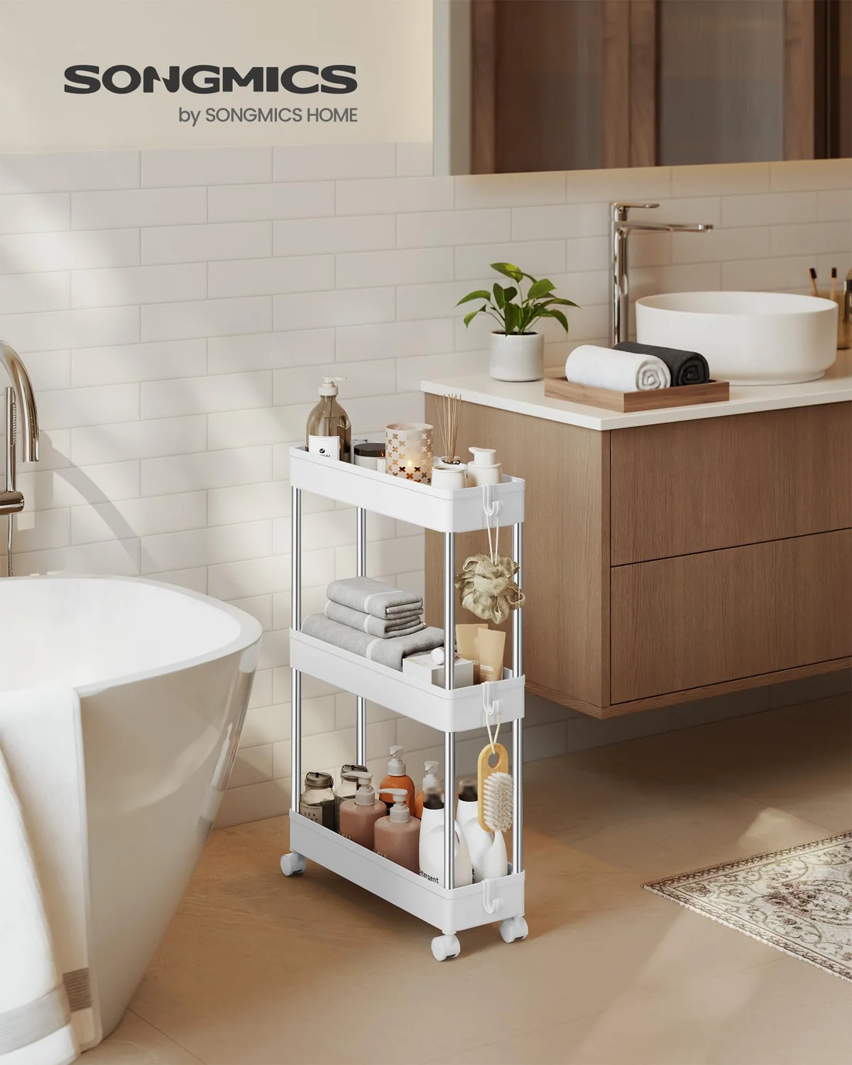 SONGMICS Carro de Almacenamiento de 3 Niveles, Carrito con Ruedas, Carro de Cocina, Ahorro de Espacio, para Baño, Oficina, 14,4 x 42 x 60,6 cm, Blanco Nube KSC007W01