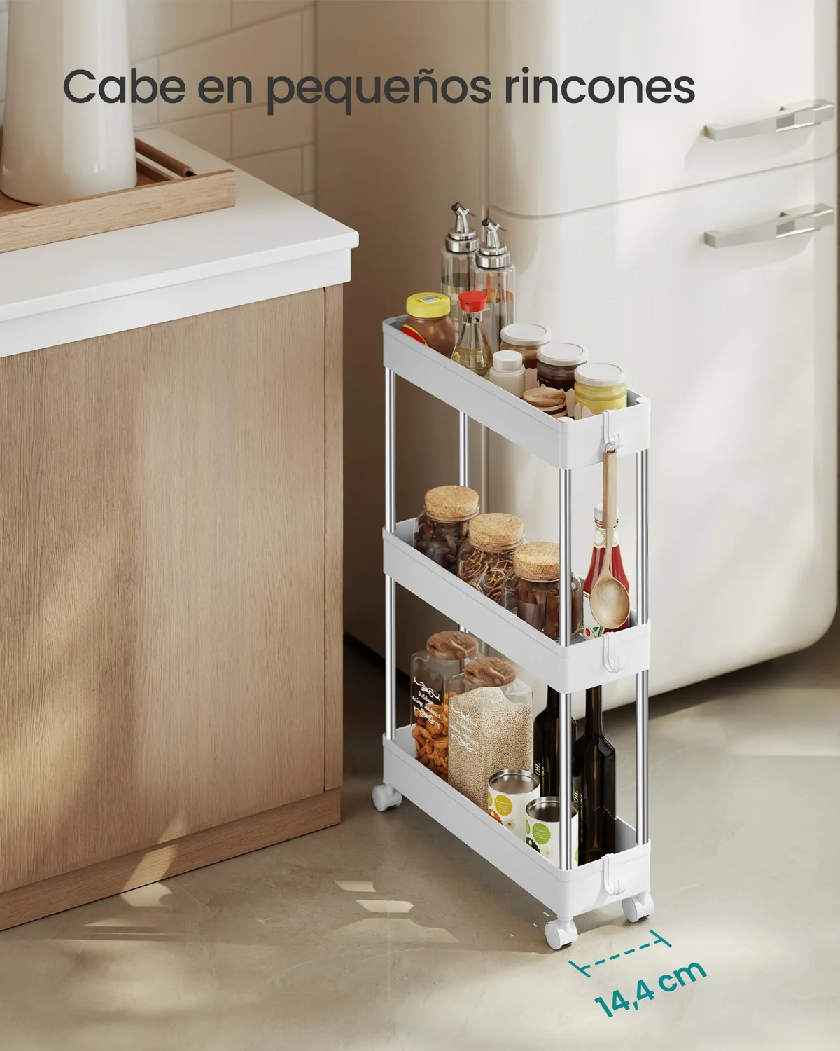 SONGMICS Carro de Almacenamiento de 3 Niveles, Carrito con Ruedas, Carro de Cocina, Ahorro de Espacio, para Baño, Oficina, 14,4 x 42 x 60,6 cm, Blanco Nube KSC007W01