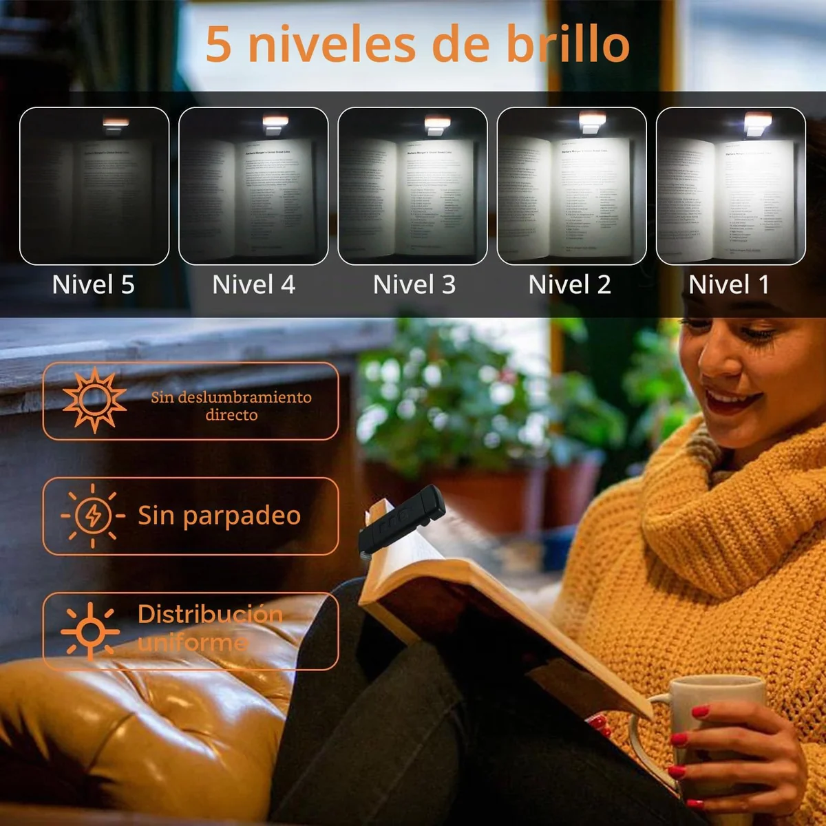 QUMOX Lámpara de Lectura LED con Clip – 3 Tonos Ámbar, 5 Niveles de Brillo, Temporizador, Cabezal Ajustable, Recargable por USB – Luz de Lectura para Libros, Cama, Viaje (Negro)
